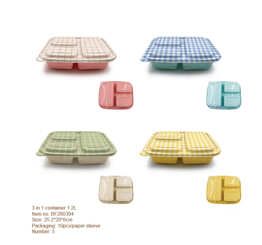 Gingham three-compartment food containers